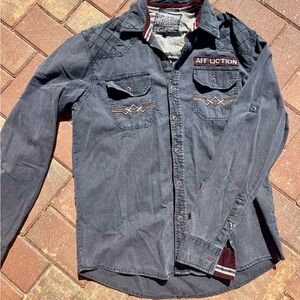 Affliction Gray Casual Button Down Shirt with Embroidered Detailing